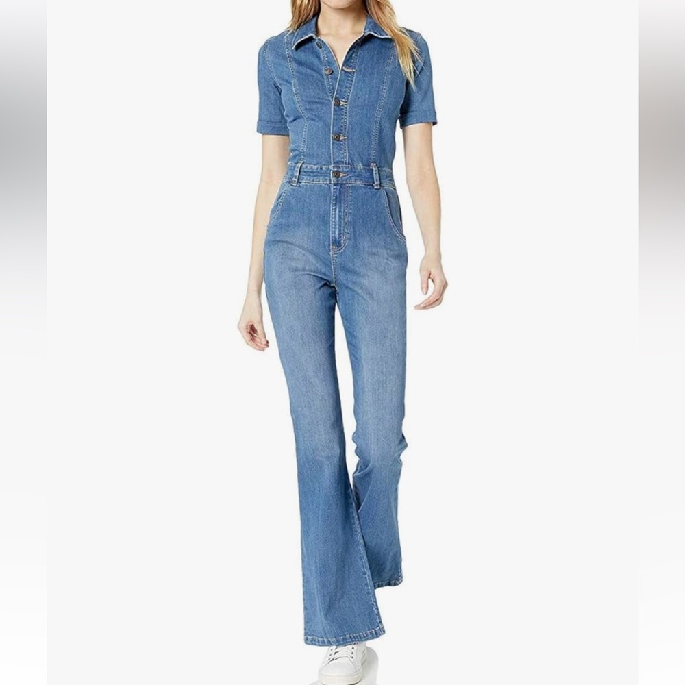 Ella Moss Collared Short Sleeve Flare Leg Denim Jumpsuit Size 29